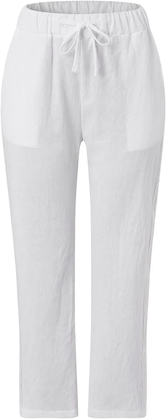 Women Linen Capri Pants Summer Boho with Pockets Wide Leg Cropped Pants for Women Casual Summer Cropped Pants Womens