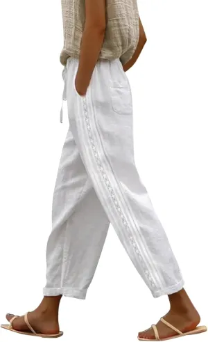 Women Linen Capri Pants Summer Boho with Pockets Wide Leg Cropped Pants for Women Casual Summer Cropped Pants Womens