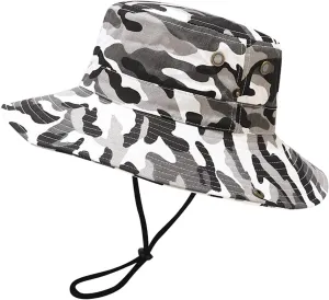 Women Men Camouflage Bucket Hat Wide Brim Cotton Fisherman Cap Fishing Hiking Beach Sun Hat with Strings