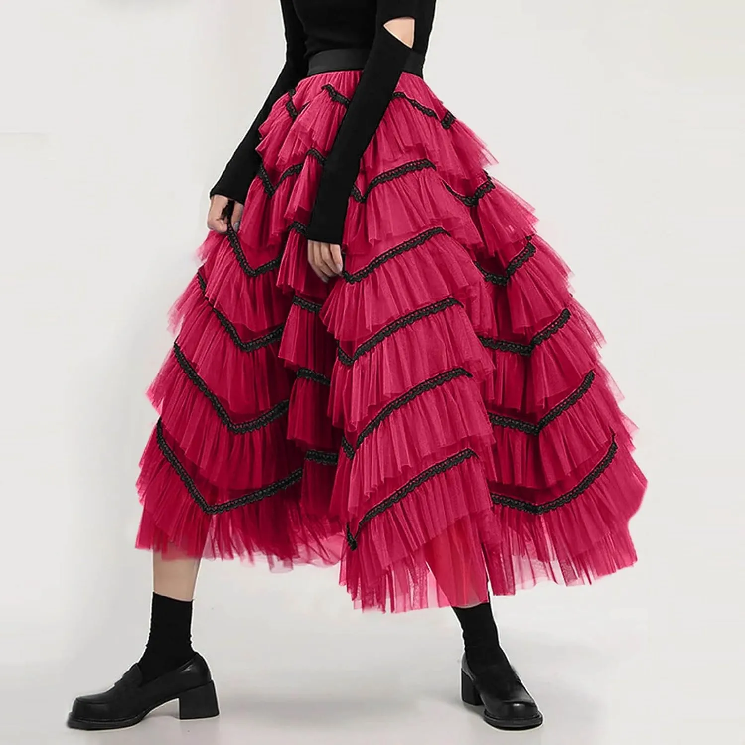 Women Mid Length Skirt Dance Party A Line High Waisted Lace Tulle Tiered Skirt Holiday Party Long Skirt with