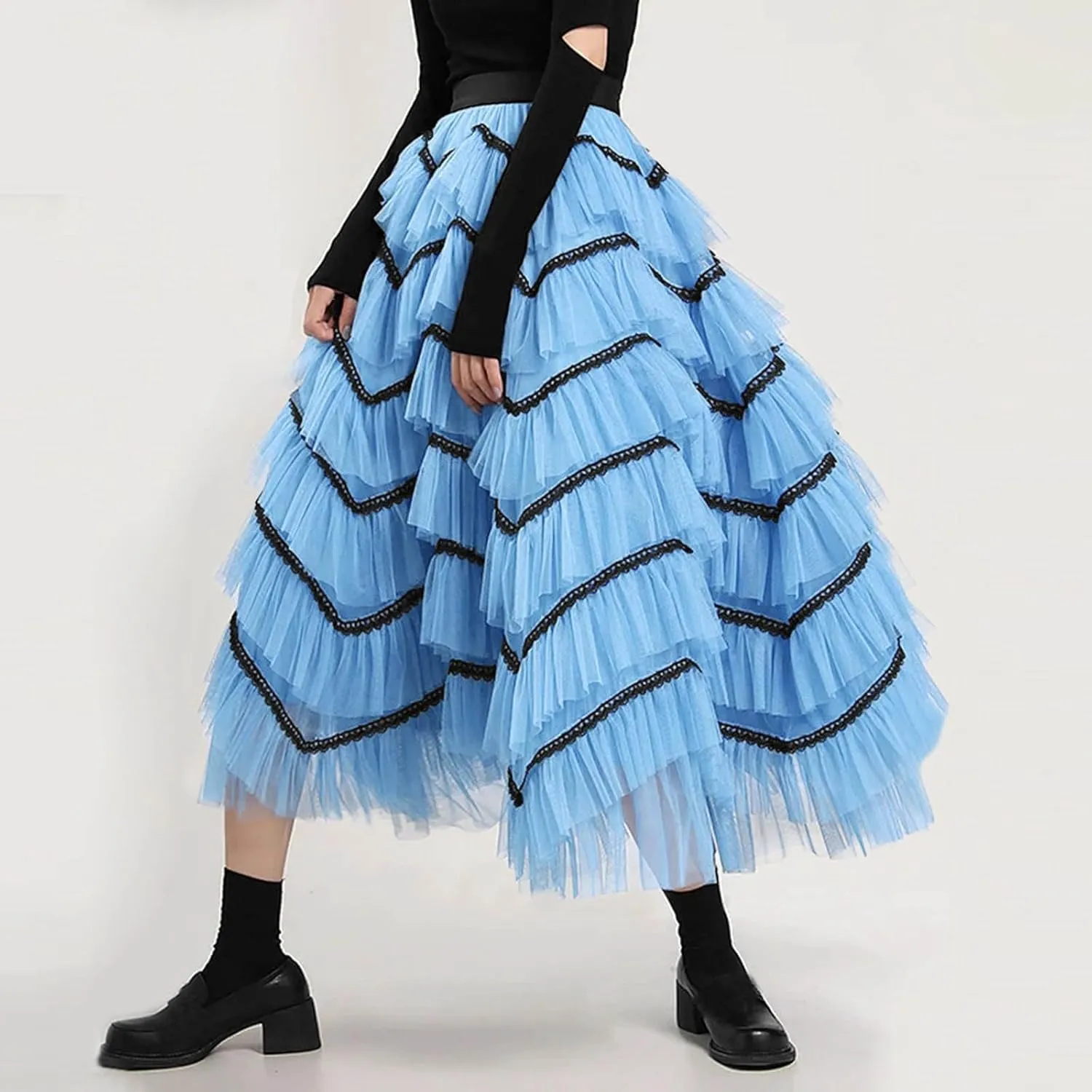 Women Mid Length Skirt Dance Party A Line High Waisted Lace Tulle Tiered Skirt Holiday Party Long Skirt with
