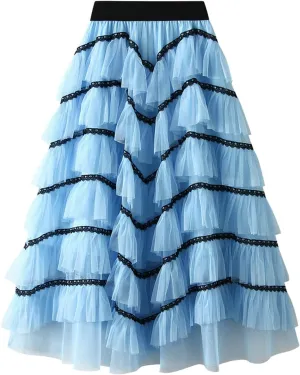 Women Mid Length Skirt Dance Party A Line High Waisted Lace Tulle Tiered Skirt Holiday Party Long Skirt with