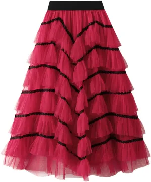 Women Mid Length Skirt Dance Party A Line High Waisted Lace Tulle Tiered Skirt Holiday Party Long Skirt with