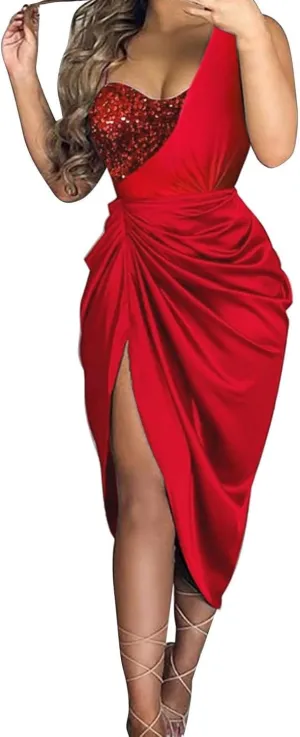 Women Ruched Sequin Midi Dress Sleeveless One Shoulder Asymmetric High Split Slip Wedding Guest Cocktail Party Dresses