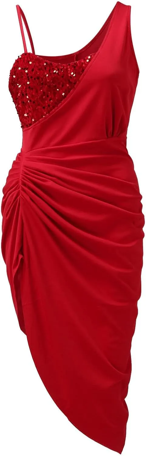 Women Ruched Sequin Midi Dress Sleeveless One Shoulder Asymmetric High Split Slip Wedding Guest Cocktail Party Dresses