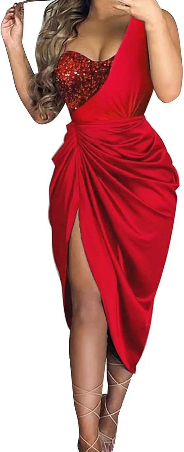 Women Ruched Sequin Midi Dress Sleeveless One Shoulder Asymmetric High Split Slip Wedding Guest Cocktail Party Dresses