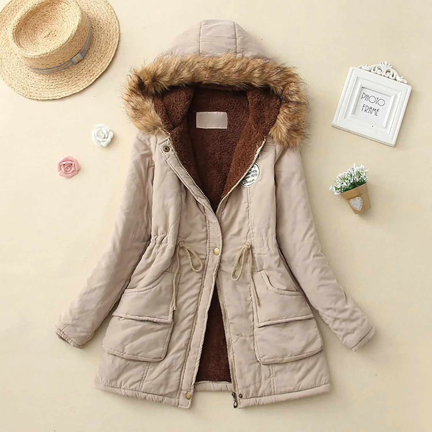 Women Sherpa Lined Jacket Classic Fit Mid-Length Long Sleeve Hooded Jacket Full Zip Open Front Loose Cardigans Coat