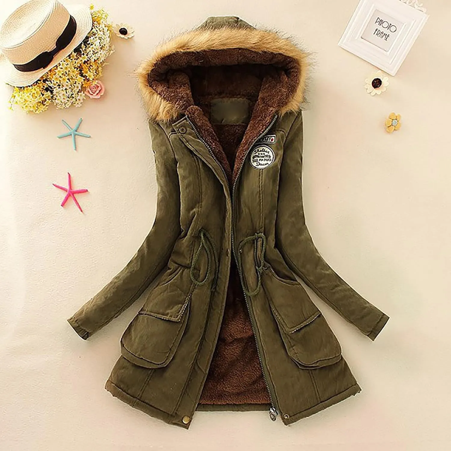 Women Sherpa Lined Jacket Classic Fit Mid-Length Long Sleeve Hooded Jacket Full Zip Open Front Loose Cardigans Coat