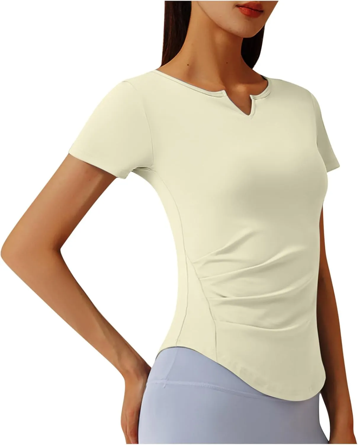 Women Short Sleeve Workout Shirts Ruched Slim Fitted V-Neck Yoga Tops Casual Athletic Gym Quick Dry Running Tees
