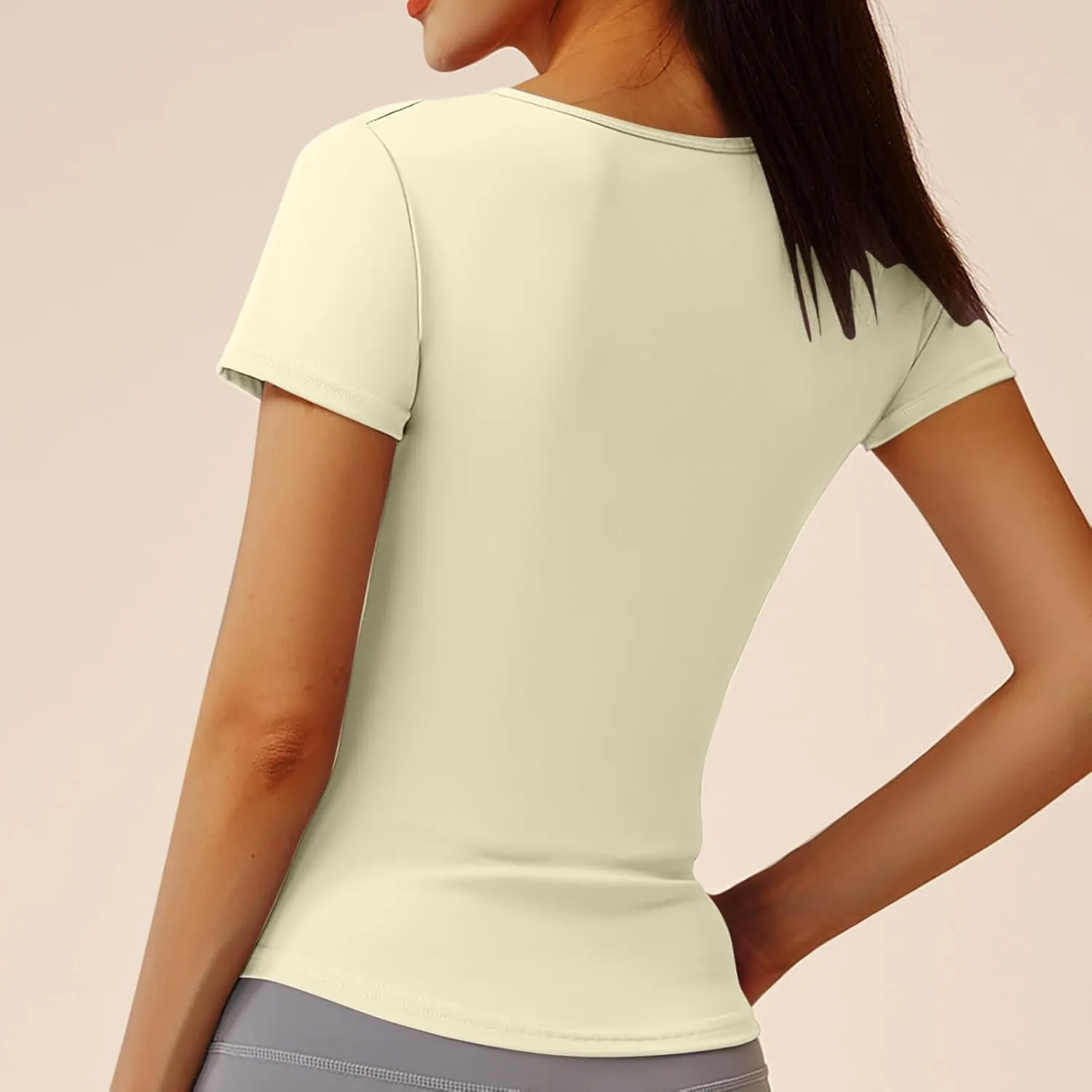 Women Short Sleeve Workout Shirts Ruched Slim Fitted V-Neck Yoga Tops Casual Athletic Gym Quick Dry Running Tees
