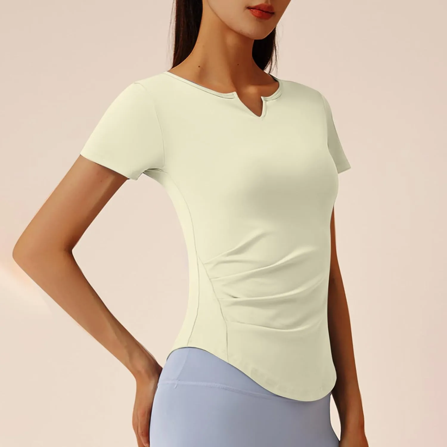 Women Short Sleeve Workout Shirts Ruched Slim Fitted V-Neck Yoga Tops Casual Athletic Gym Quick Dry Running Tees