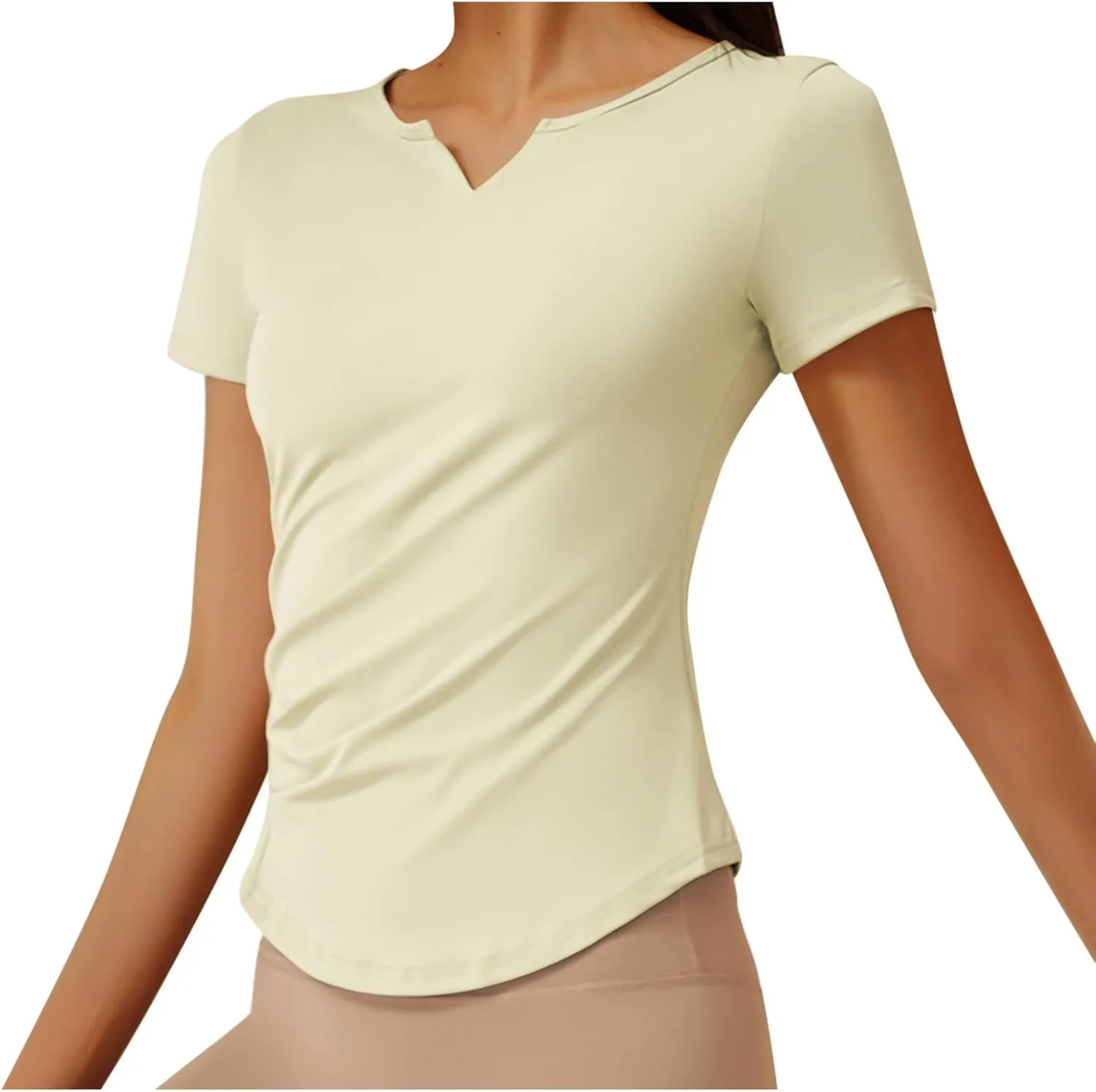 Women Short Sleeve Workout Shirts Ruched Slim Fitted V-Neck Yoga Tops Casual Athletic Gym Quick Dry Running Tees