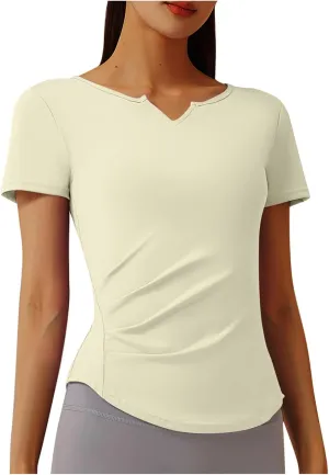 Women Short Sleeve Workout Shirts Ruched Slim Fitted V-Neck Yoga Tops Casual Athletic Gym Quick Dry Running Tees
