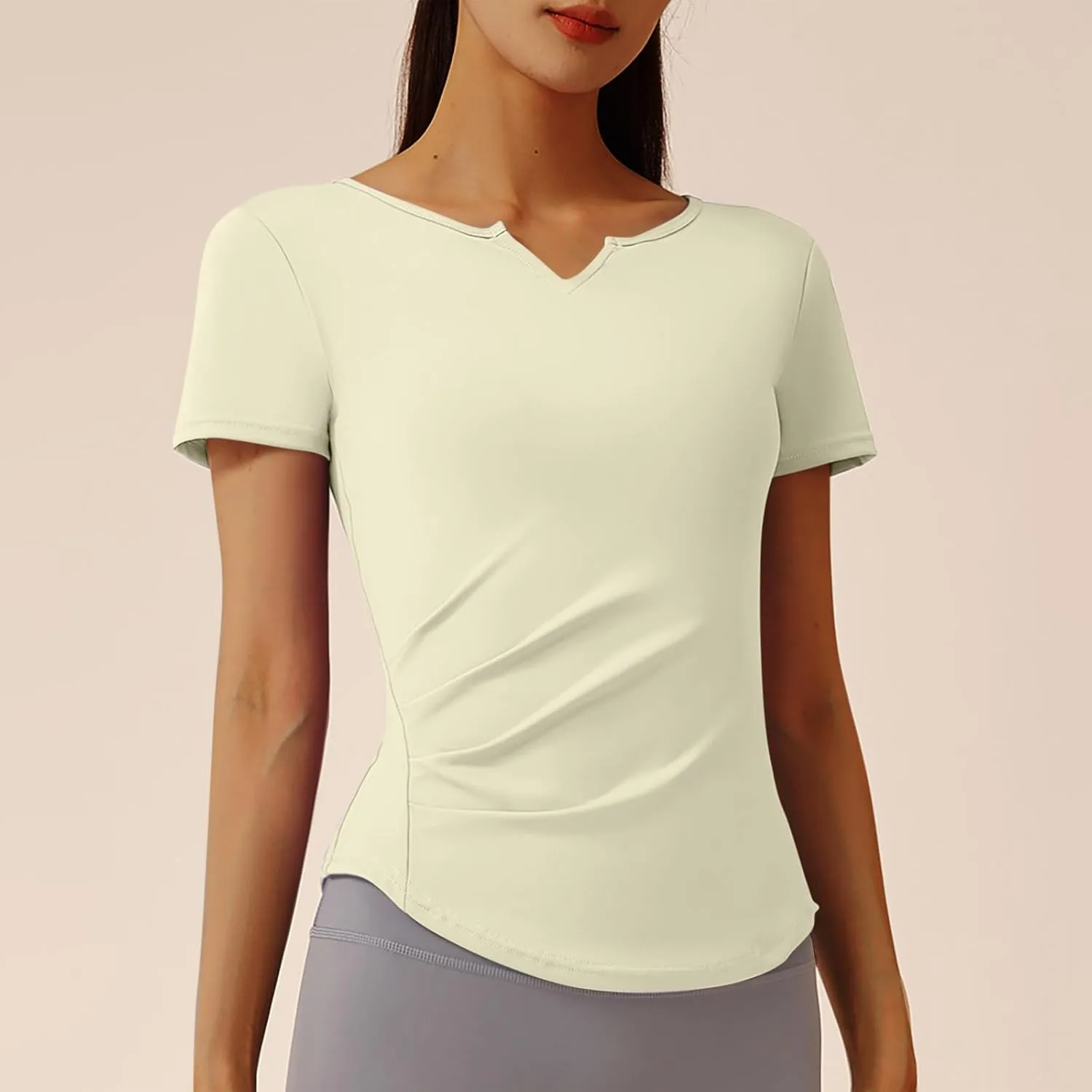 Women Short Sleeve Workout Shirts Ruched Slim Fitted V-Neck Yoga Tops Casual Athletic Gym Quick Dry Running Tees
