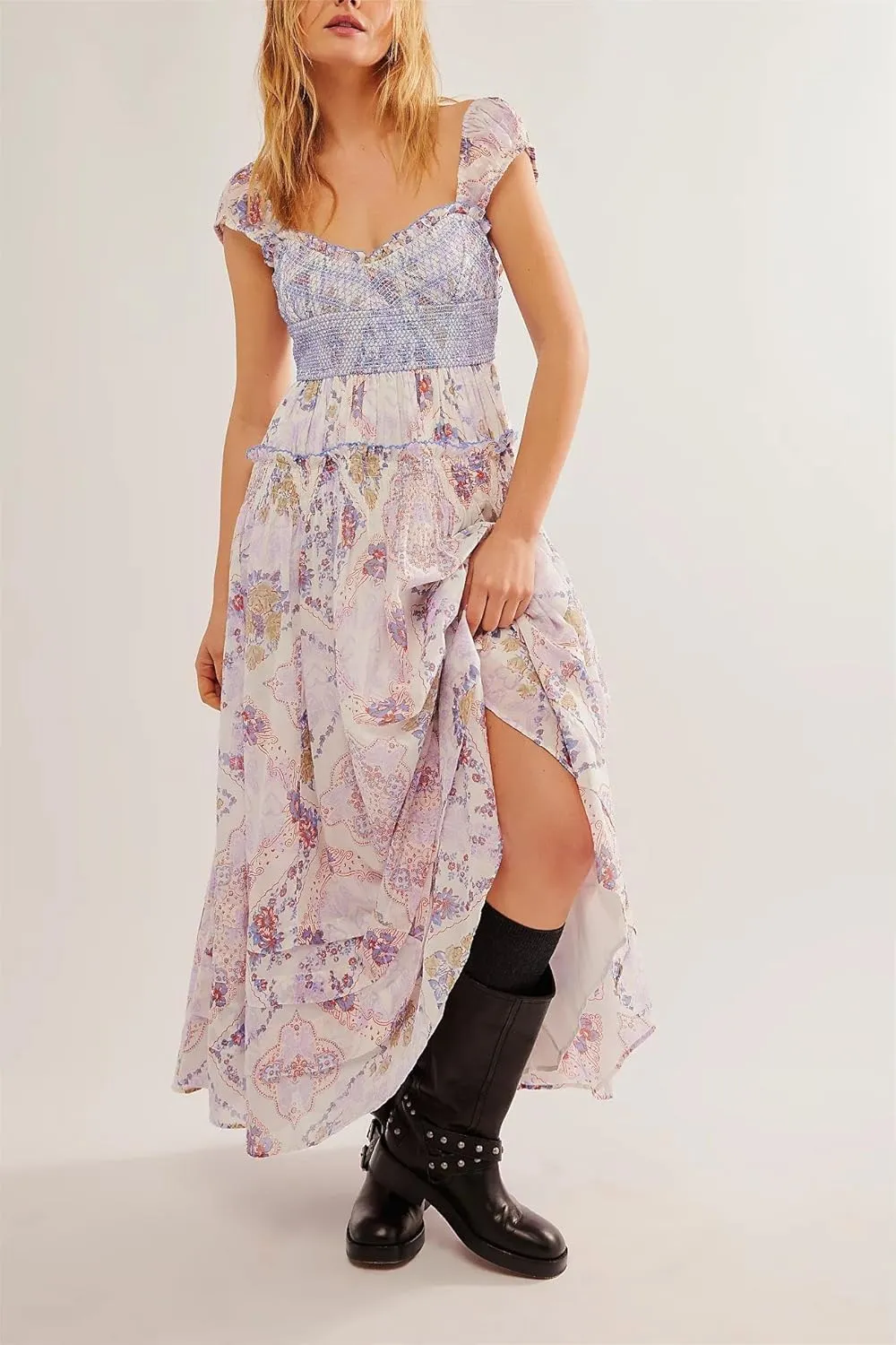Women Summer Boho Floral Maxi Dress Cap Sleeve Sweetheart Neck Flowy Beach Dress Y2K Bohemian Sundress
