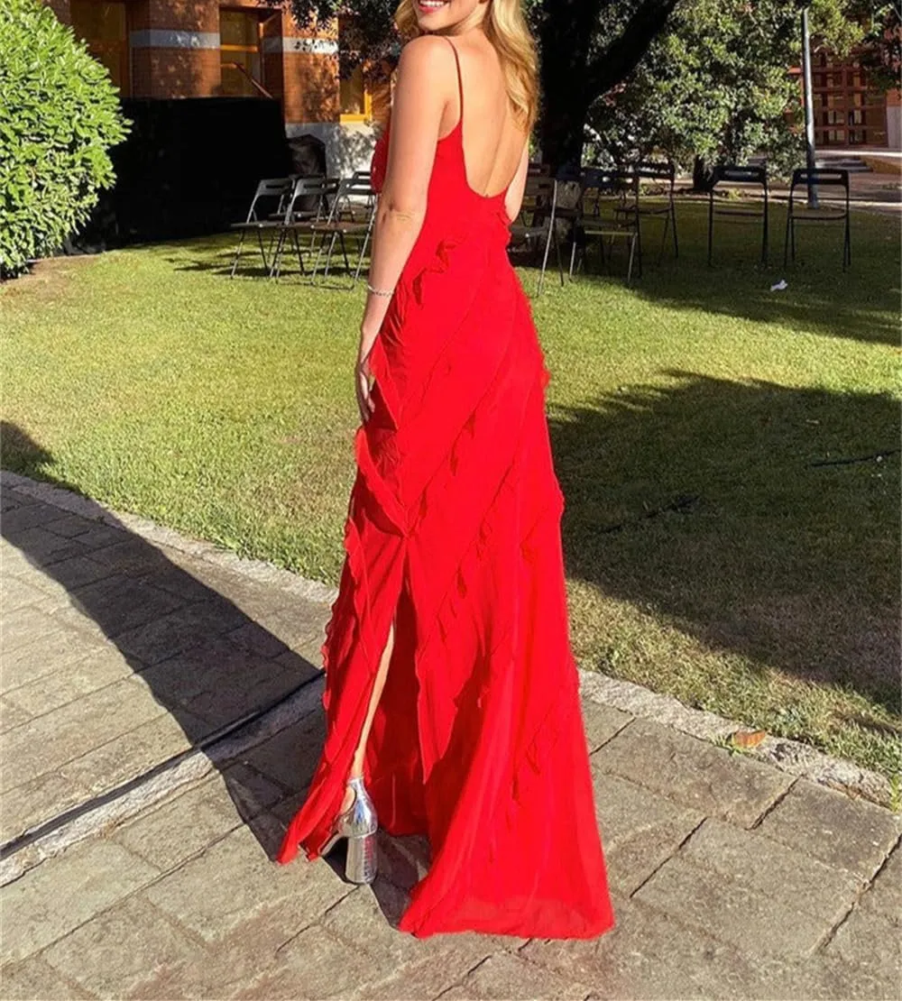 Women Summer Elegant Sling Midi Ruched Bodycon Dress Solid Color Backless Slim Party Cocktail Dresses