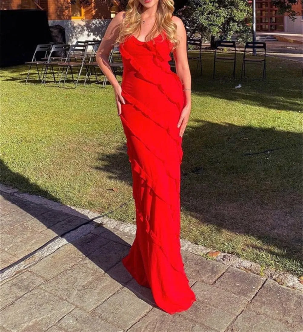 Women Summer Elegant Sling Midi Ruched Bodycon Dress Solid Color Backless Slim Party Cocktail Dresses