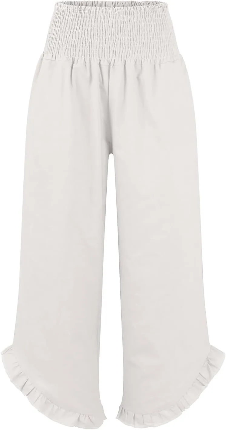 Women Summer High Waisted Cotton Linen Palazzo Pants Wide Leg Long Lounge Beach Pant Trousers with Pocket