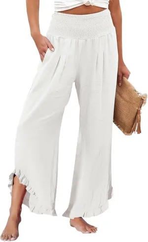 Women Summer High Waisted Cotton Linen Palazzo Pants Wide Leg Long Lounge Beach Pant Trousers with Pocket
