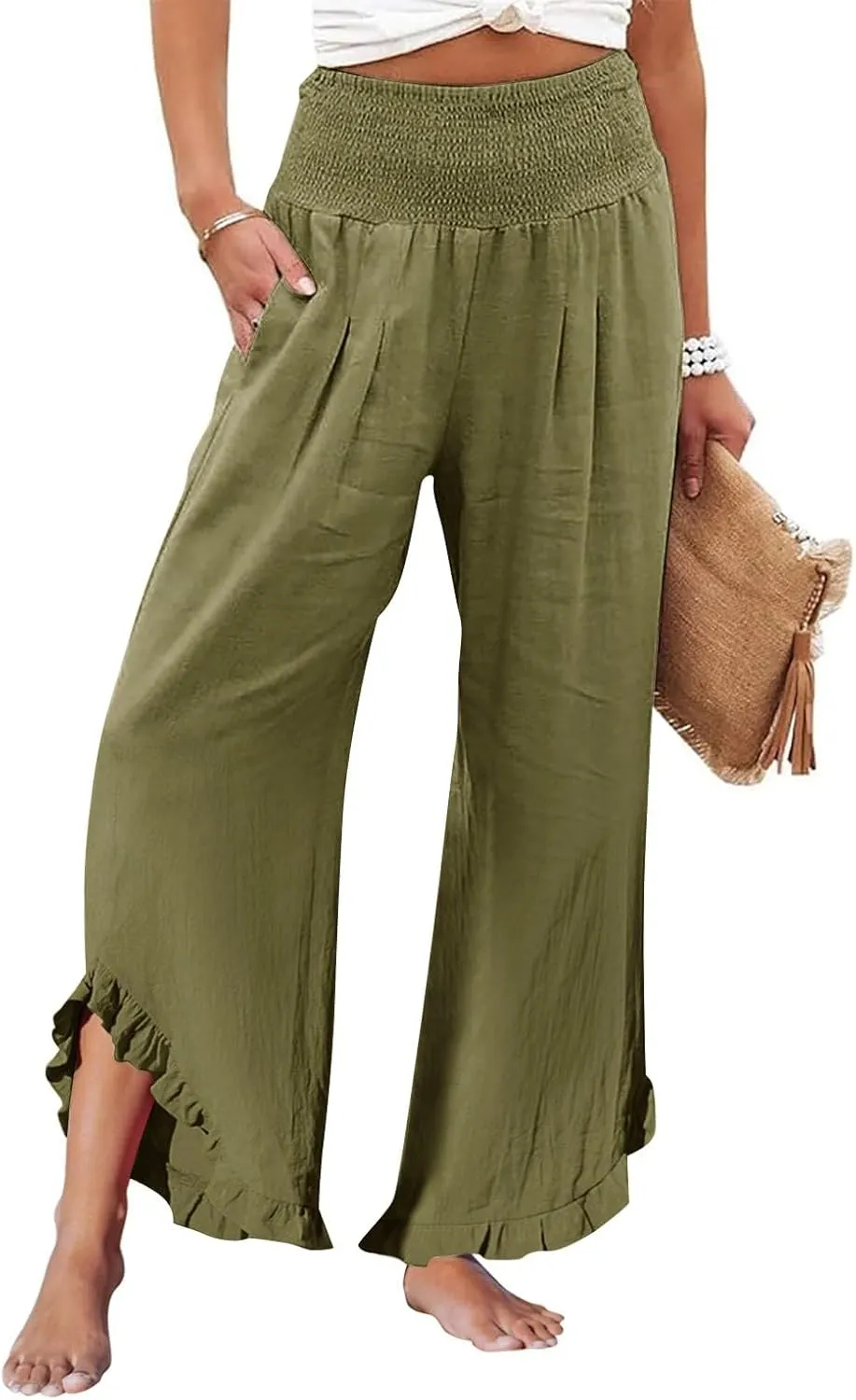 Women Summer High Waisted Cotton Linen Palazzo Pants Wide Leg Long Lounge Beach Pant Trousers with Pocket