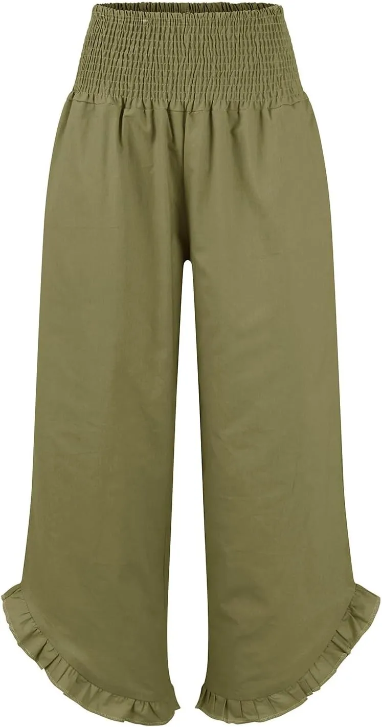 Women Summer High Waisted Cotton Linen Palazzo Pants Wide Leg Long Lounge Beach Pant Trousers with Pocket