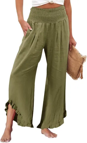 Women Summer High Waisted Cotton Linen Palazzo Pants Wide Leg Long Lounge Beach Pant Trousers with Pocket