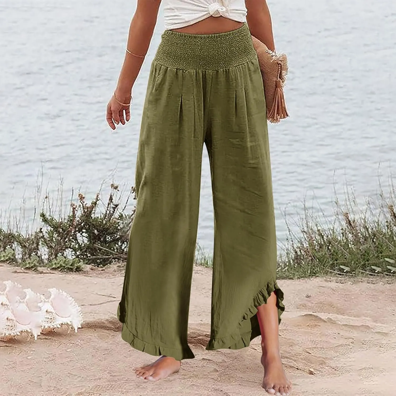 Women Summer High Waisted Cotton Linen Palazzo Pants Wide Leg Long Lounge Beach Pant Trousers with Pocket