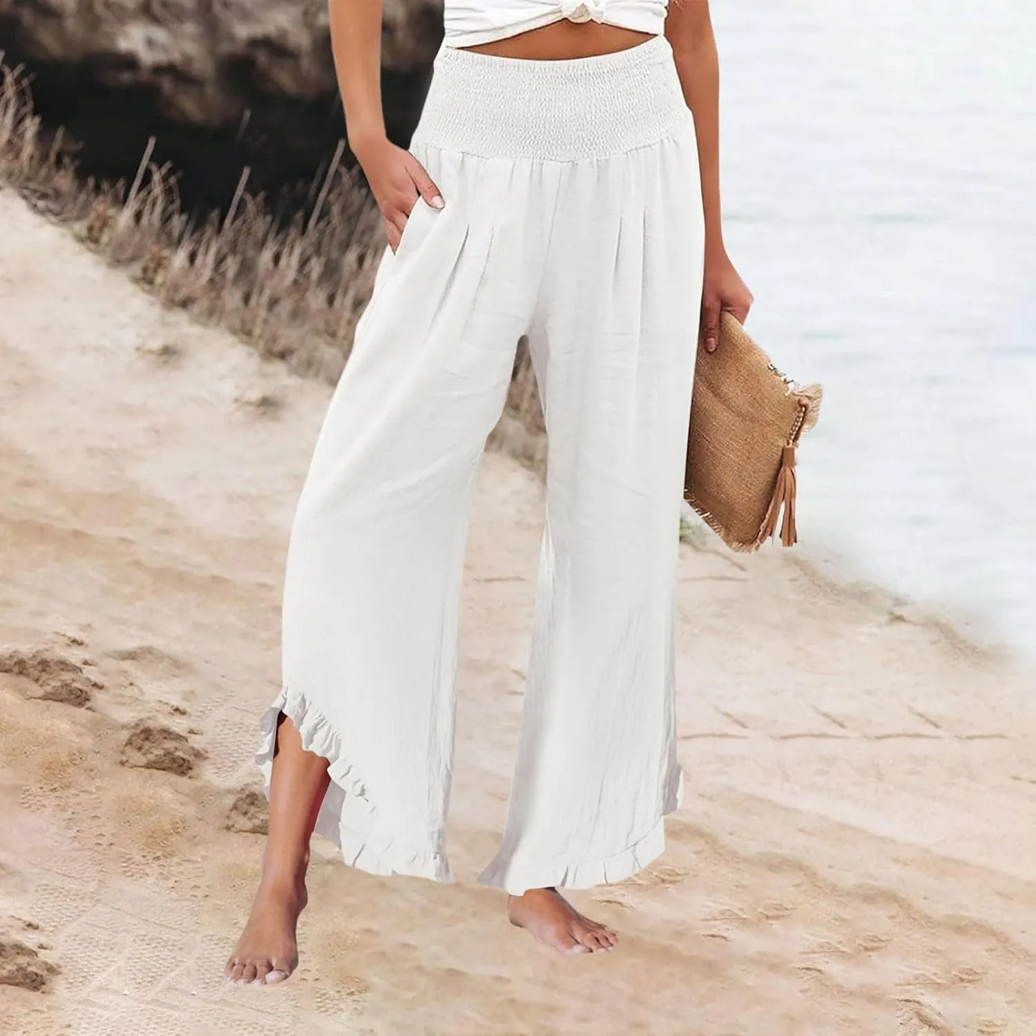 Women Summer High Waisted Cotton Linen Palazzo Pants Wide Leg Long Lounge Beach Pant Trousers with Pocket