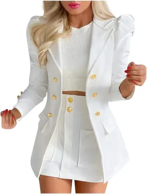 Women's 2 Piece Outfits Casual Solid Long Sleeve Suits Button Work Coat High Waist Blazer Jacket and Mini Skirt Set