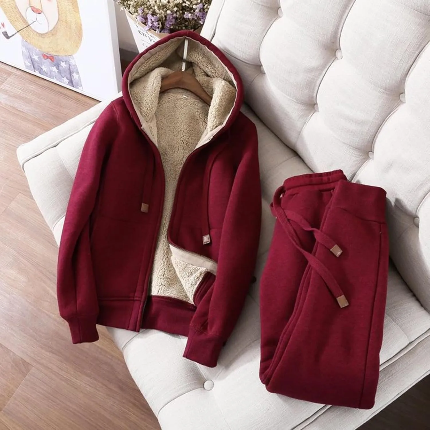 Womens 2 Piece Outfits Fleece Lined Sweatsuits Zip Up Sherpa Lined Hoodie Jacket Sweatpants Tracksuit Set with Pockets