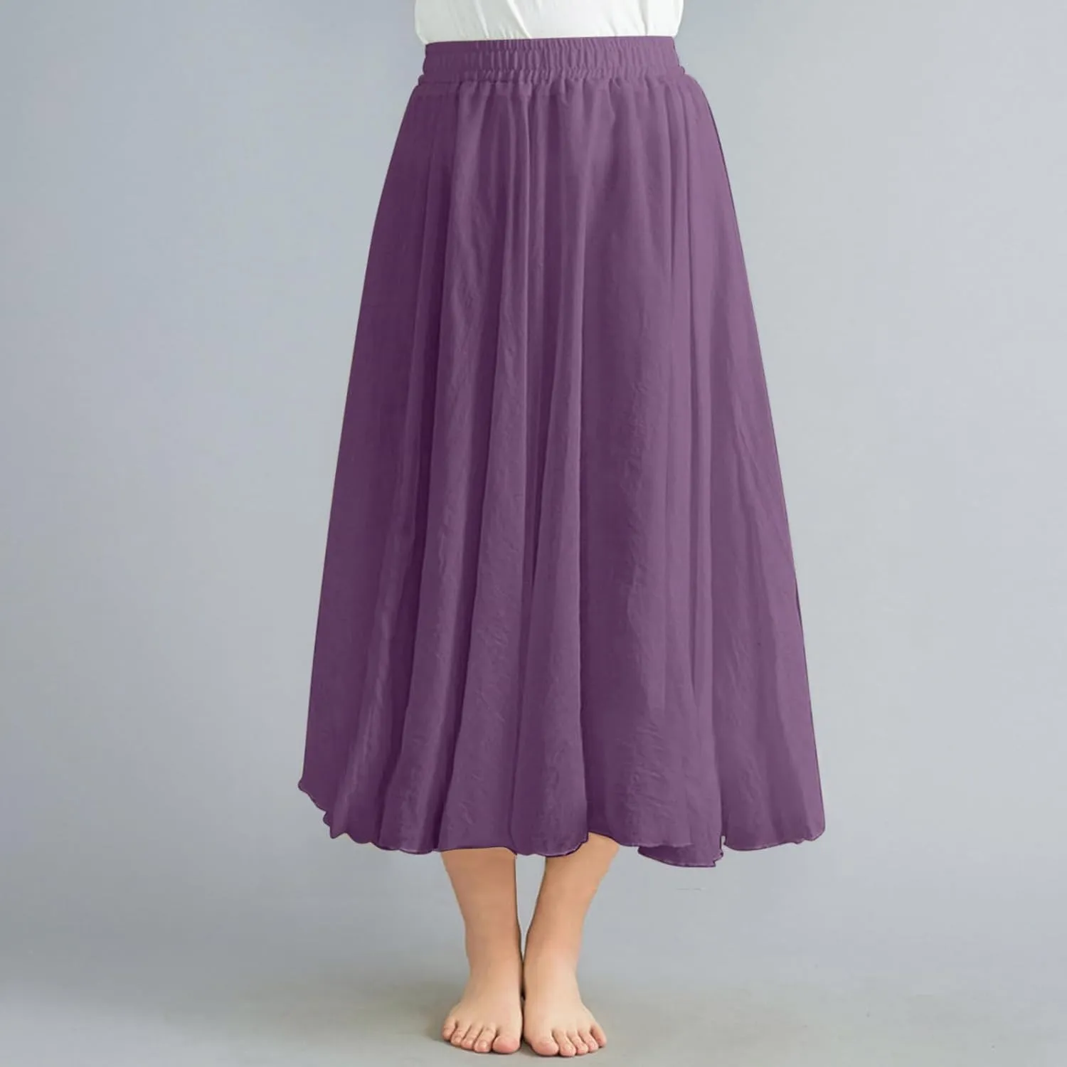 Women's 2025 Summer Linen Skirt Casual Elastic High Waist Flowy Long Skirts Solid Pleated Swing Skirt