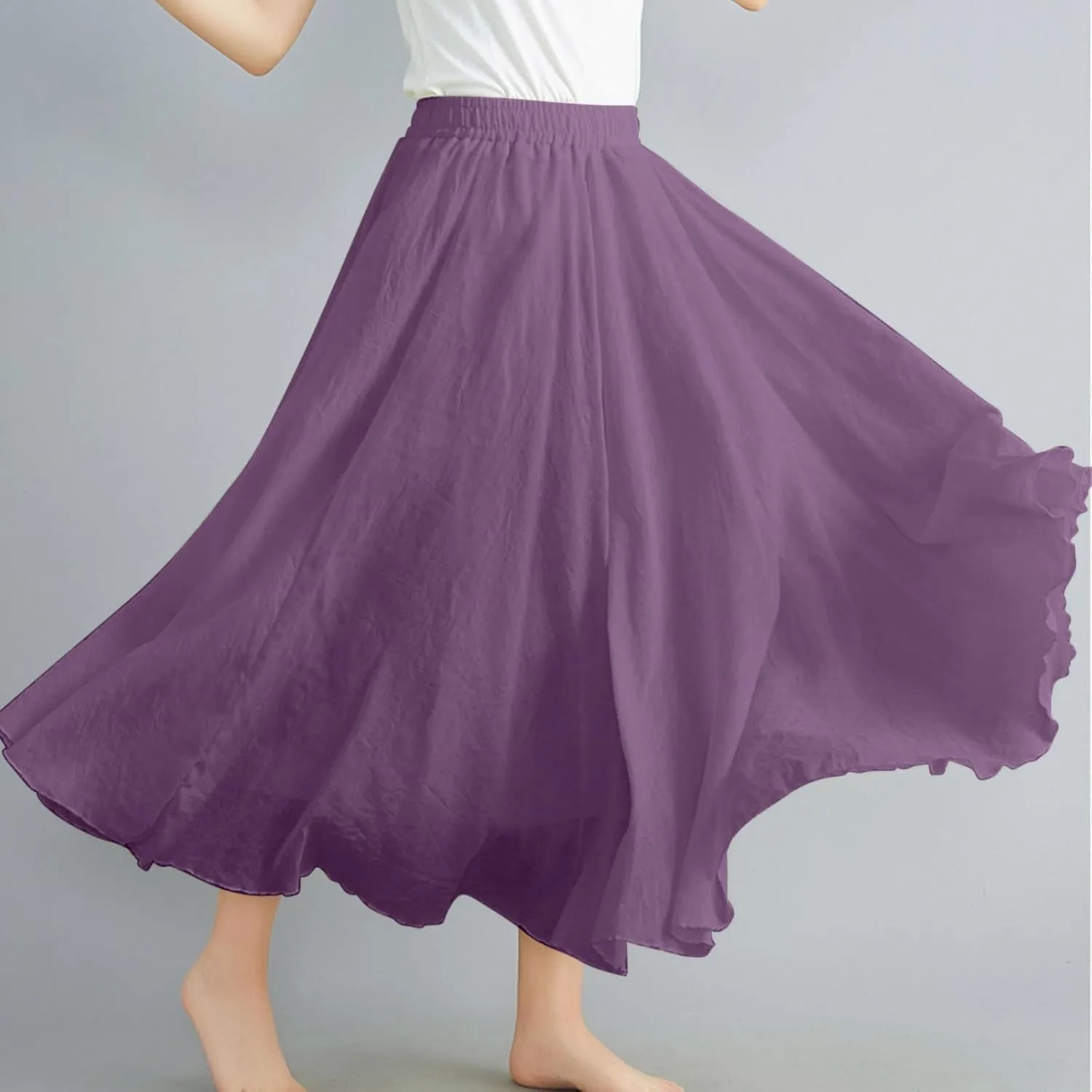 Women's 2025 Summer Linen Skirt Casual Elastic High Waist Flowy Long Skirts Solid Pleated Swing Skirt