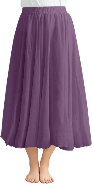 Women's 2025 Summer Linen Skirt Casual Elastic High Waist Flowy Long Skirts Solid Pleated Swing Skirt
