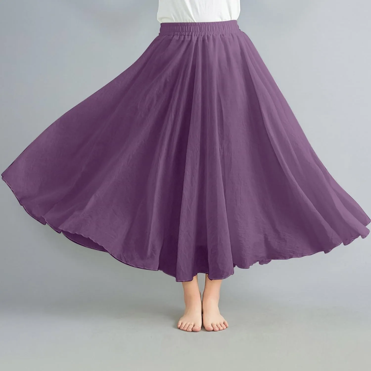 Women's 2025 Summer Linen Skirt Casual Elastic High Waist Flowy Long Skirts Solid Pleated Swing Skirt