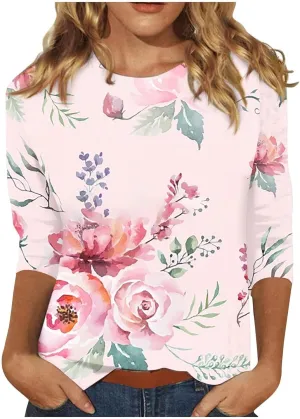 Womens 3/4 Length Sleeve Summer Shirts Floral Boho Blouses Tshirts Trendy Dressy Casual Tops Vacation 2024 Clothing