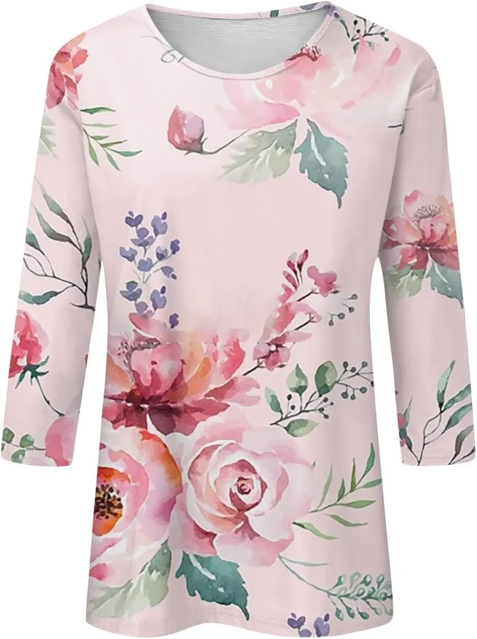 Womens 3/4 Length Sleeve Summer Shirts Floral Boho Blouses Tshirts Trendy Dressy Casual Tops Vacation 2024 Clothing
