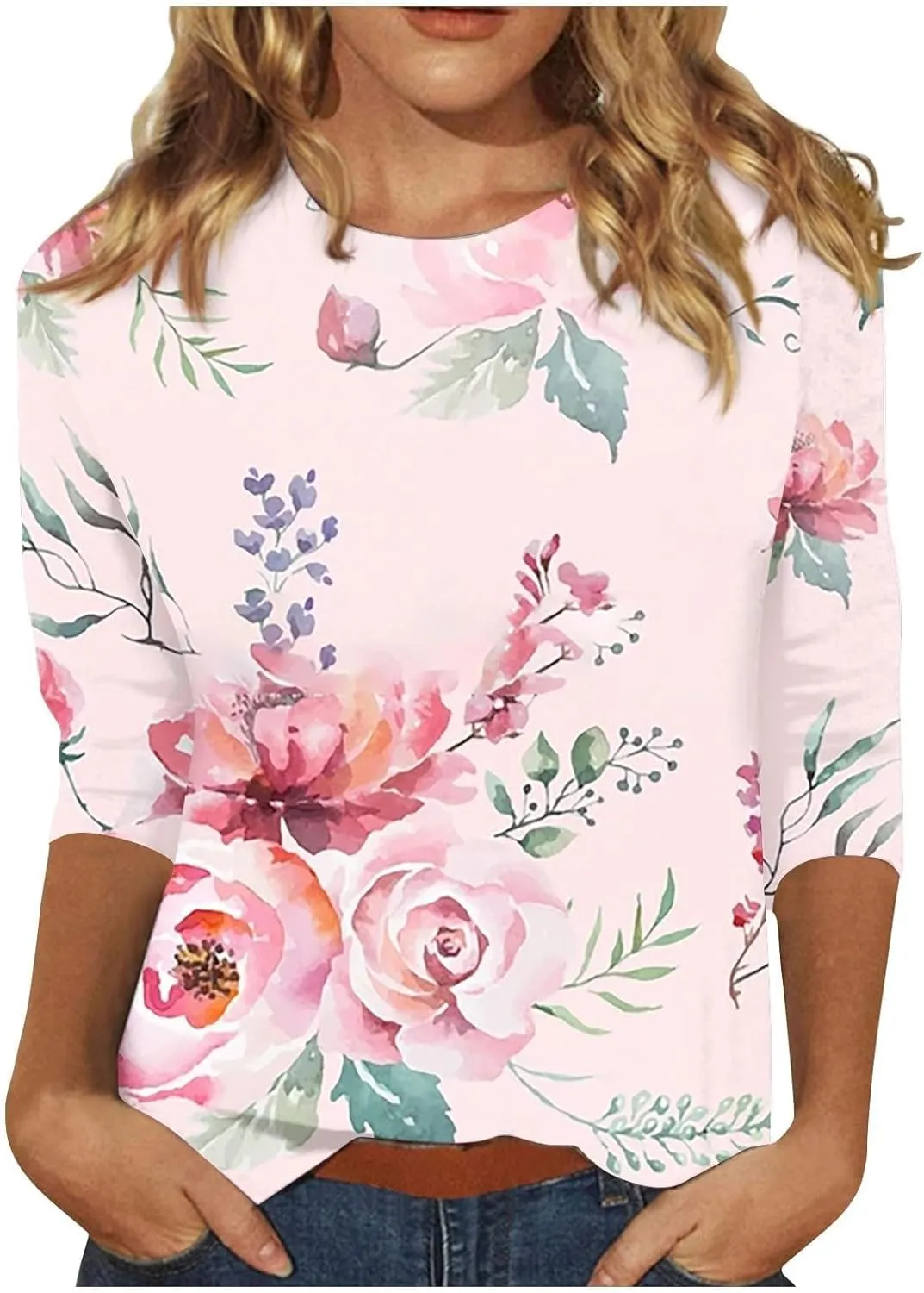 Womens 3/4 Length Sleeve Summer Shirts Floral Boho Blouses Tshirts Trendy Dressy Casual Tops Vacation 2024 Clothing