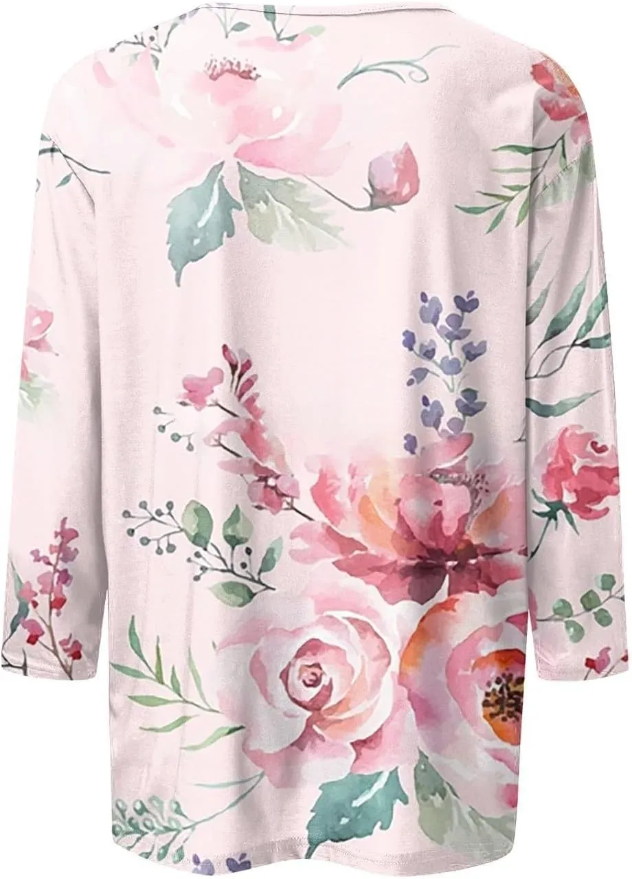Womens 3/4 Length Sleeve Summer Shirts Floral Boho Blouses Tshirts Trendy Dressy Casual Tops Vacation 2024 Clothing