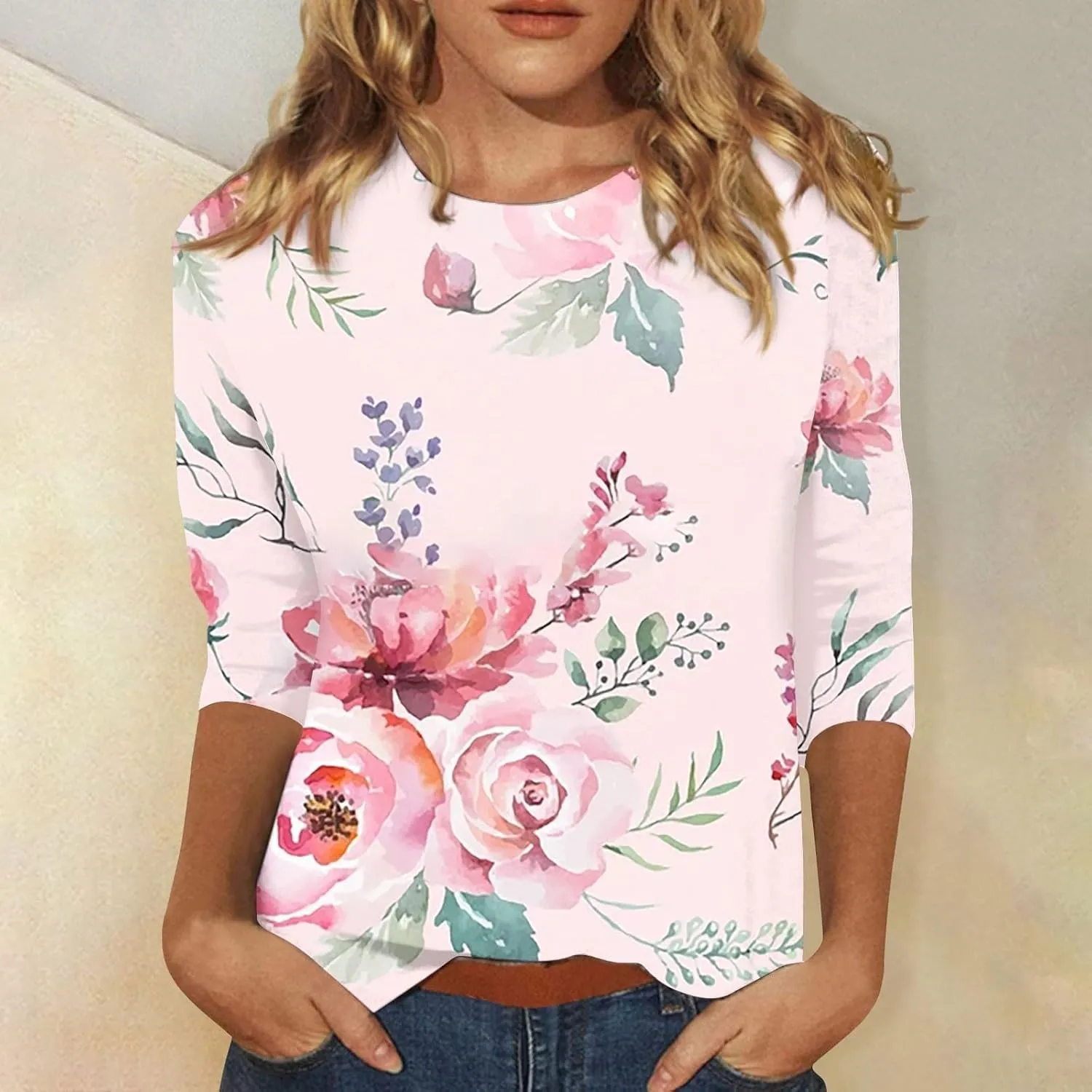 Womens 3/4 Length Sleeve Summer Shirts Floral Boho Blouses Tshirts Trendy Dressy Casual Tops Vacation 2024 Clothing