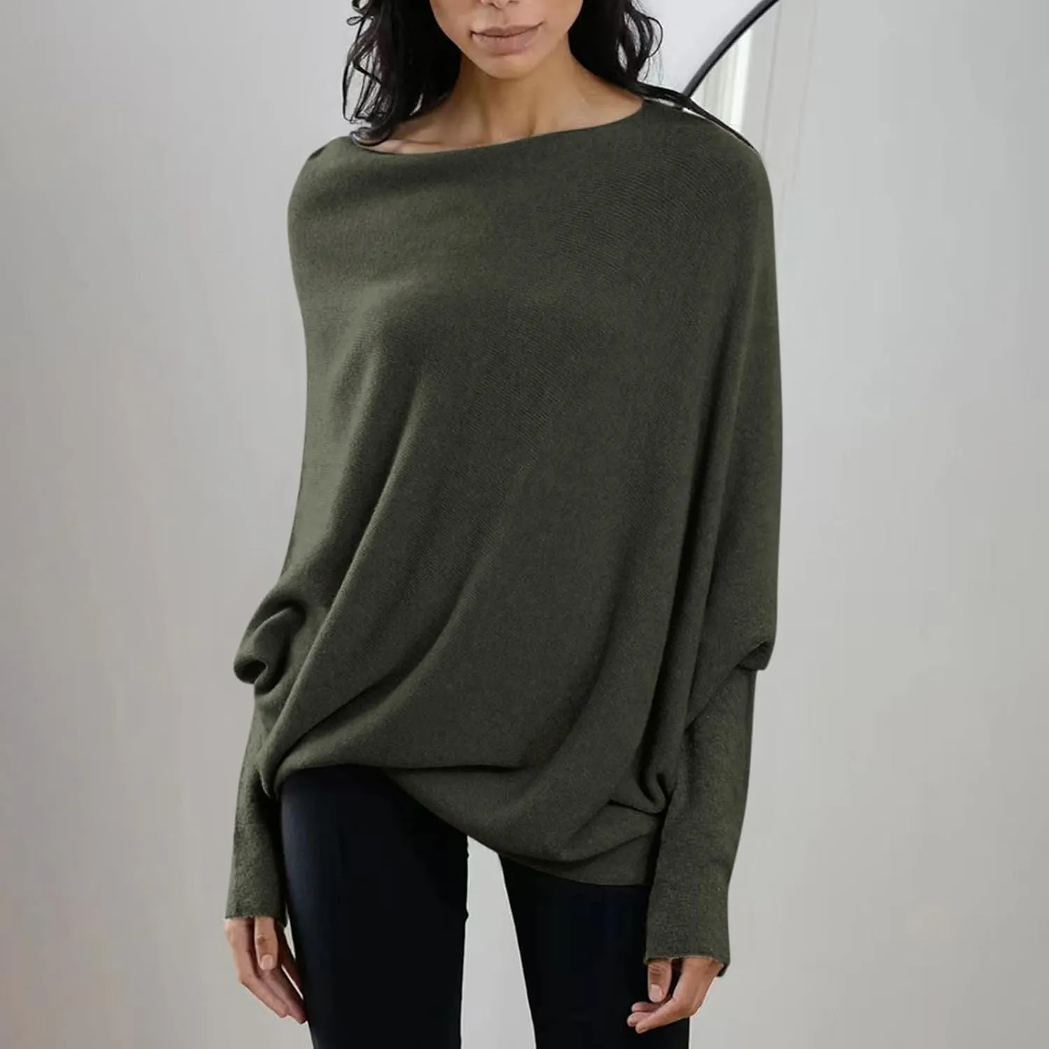 Womens Asymmetric Draped Jumper Long Batwing Sleeve Boat Neck Off The Shoulder Tunic Knit Winter Pullover Sweaters