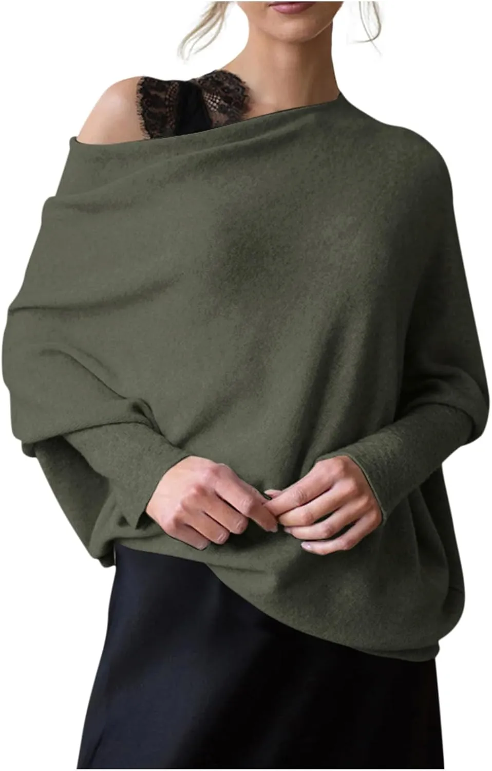 Womens Asymmetric Draped Jumper Long Batwing Sleeve Boat Neck Off The Shoulder Tunic Knit Winter Pullover Sweaters