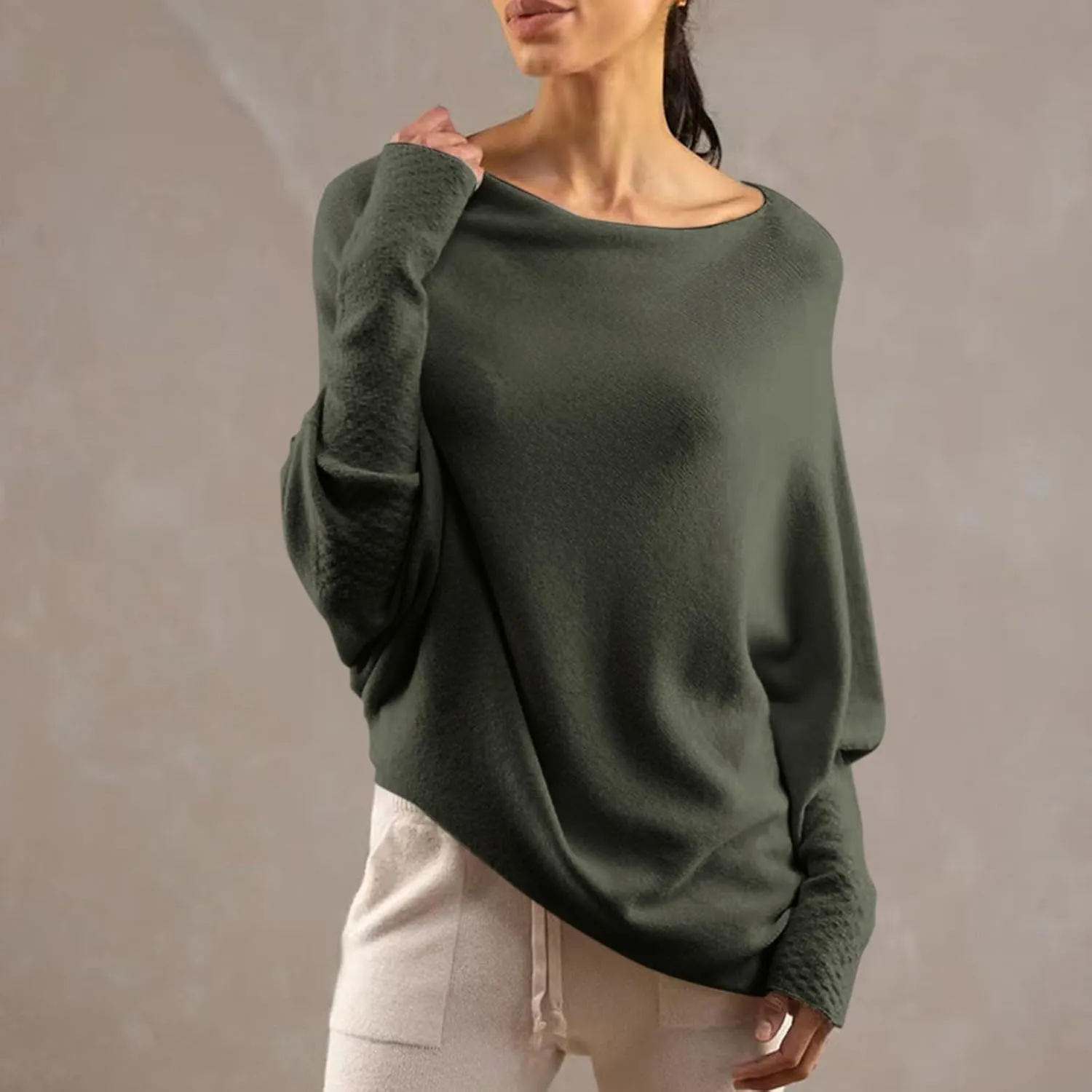 Womens Asymmetric Draped Jumper Long Batwing Sleeve Boat Neck Off The Shoulder Tunic Knit Winter Pullover Sweaters