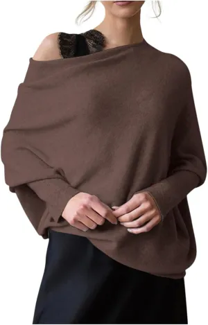 Womens Asymmetric Draped Jumper Long Batwing Sleeve Boat Neck Off The Shoulder Tunic Knit Winter Pullover Sweaters