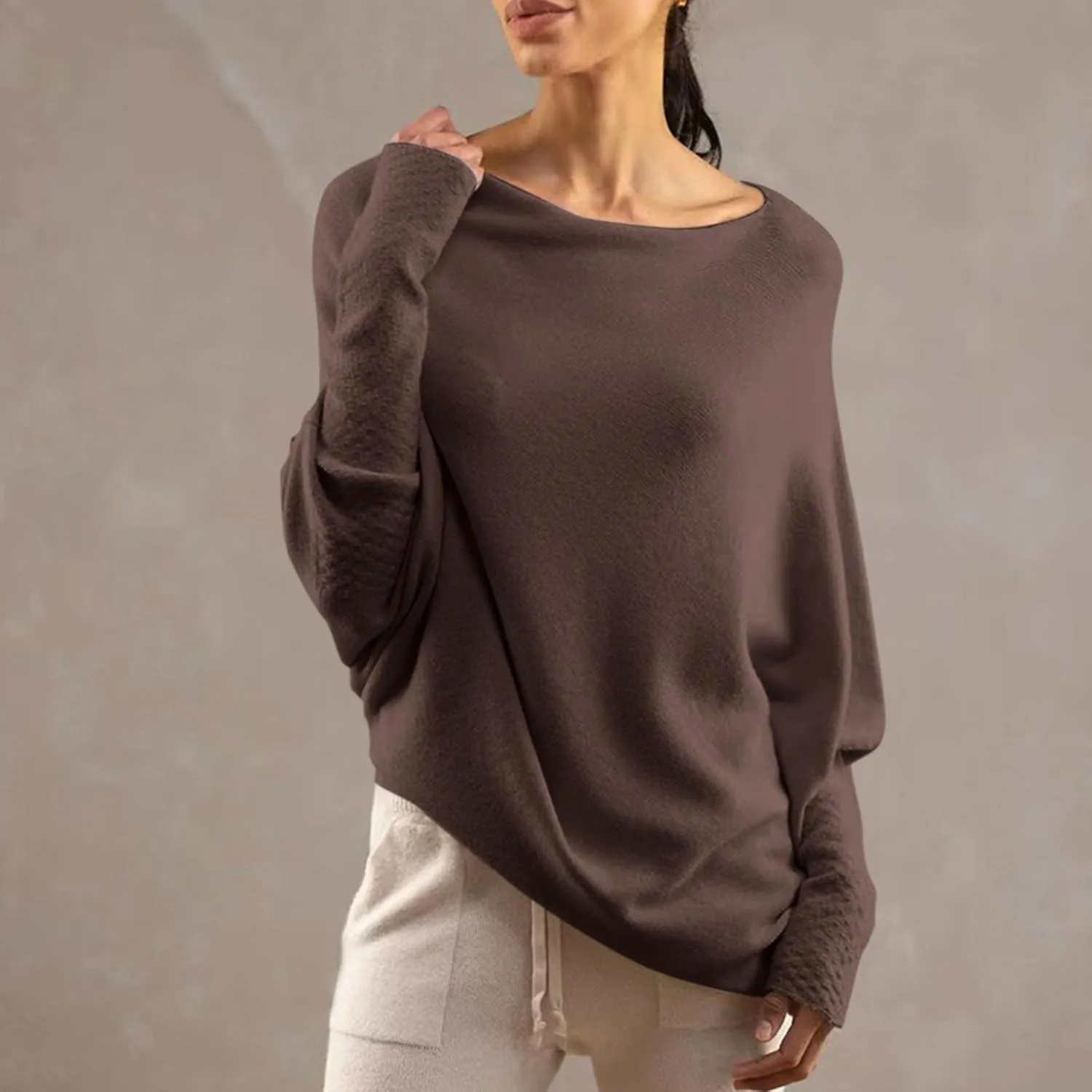 Womens Asymmetric Draped Jumper Long Batwing Sleeve Boat Neck Off The Shoulder Tunic Knit Winter Pullover Sweaters