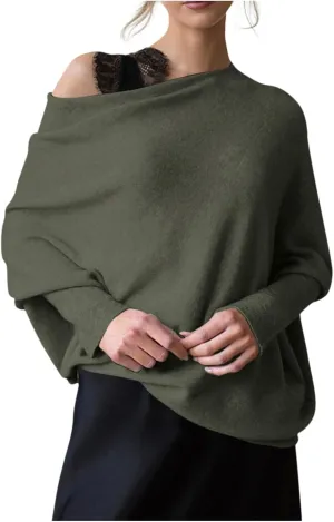 Womens Asymmetric Draped Jumper Long Batwing Sleeve Boat Neck Off The Shoulder Tunic Knit Winter Pullover Sweaters