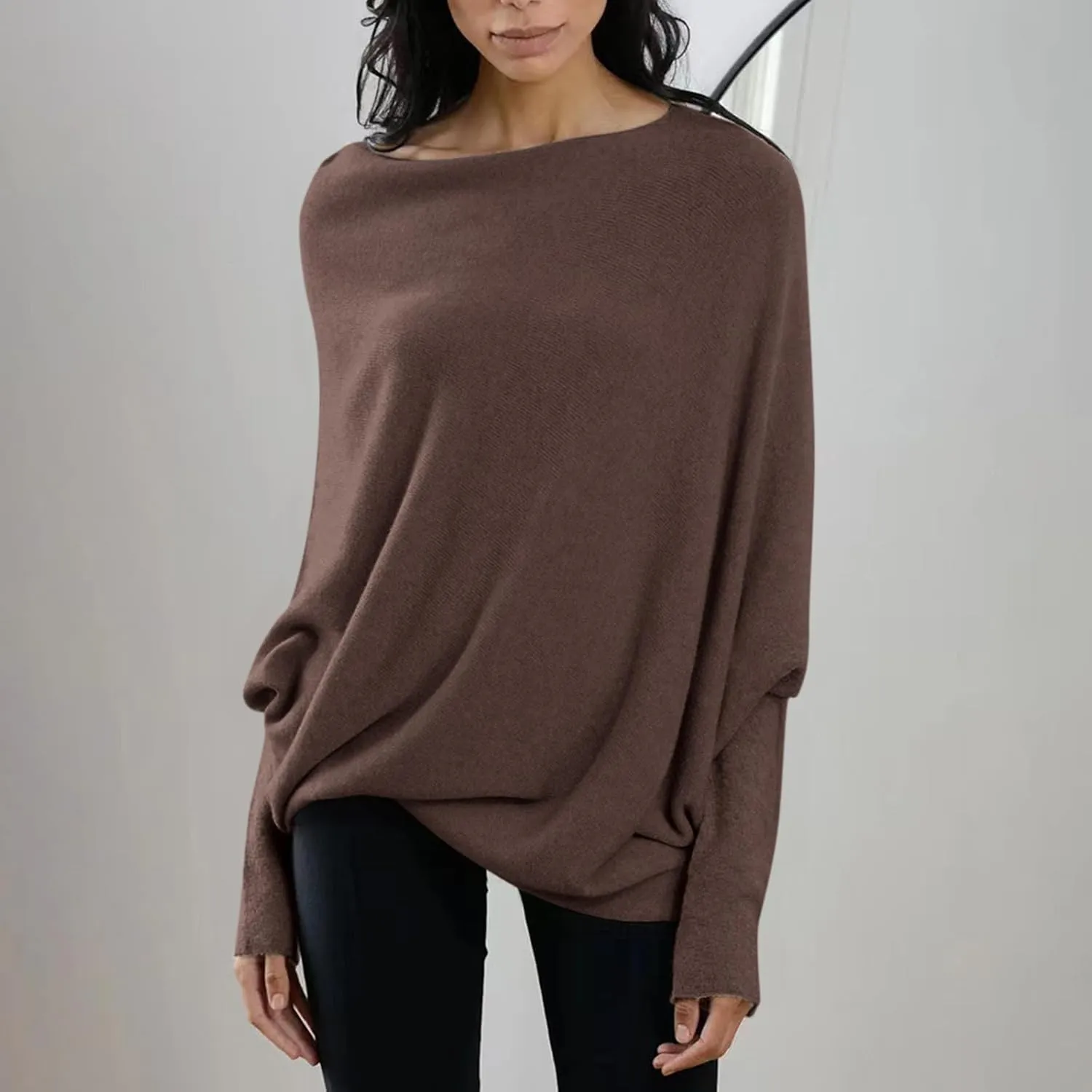 Womens Asymmetric Draped Jumper Long Batwing Sleeve Boat Neck Off The Shoulder Tunic Knit Winter Pullover Sweaters