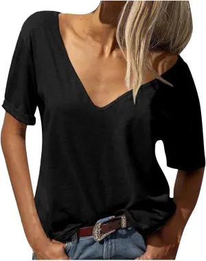 Womens Basic V Neck Short Sleeve T Shirts Loose Fit Roll Up Sleeve Tee Tops Summer Cute Gym Fashion Clothes