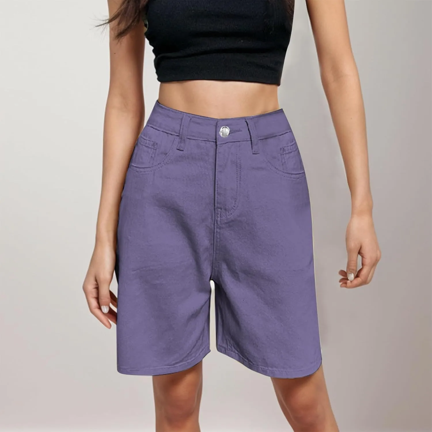 Womens Bermuda Shorts Baggy Casual Summer Shorts Knee Length Hiking Shorts Trendy Stretch Denim Shorts with Pockets