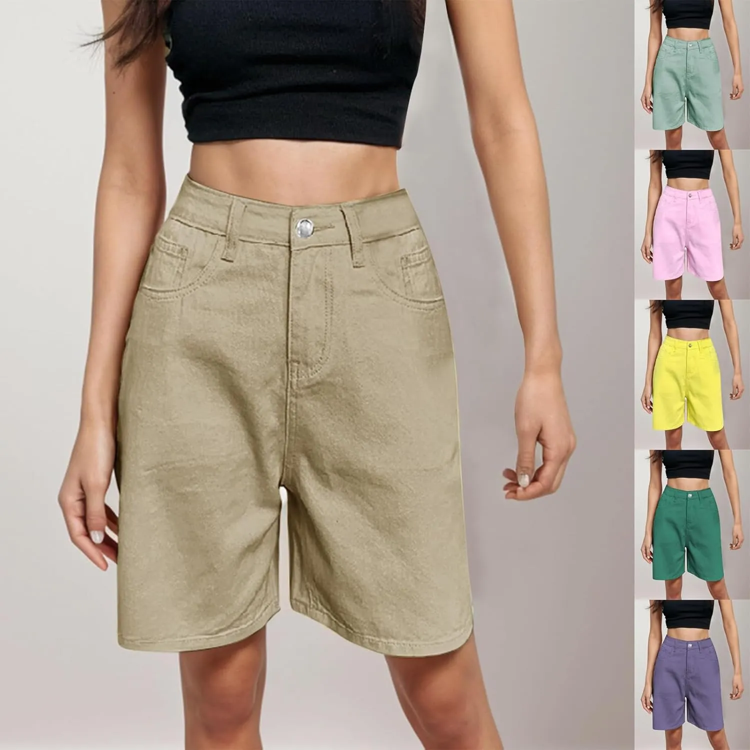 Womens Bermuda Shorts Baggy Casual Summer Shorts Knee Length Hiking Shorts Trendy Stretch Denim Shorts with Pockets