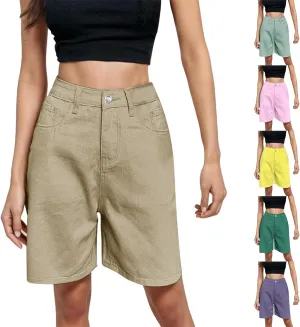 Womens Bermuda Shorts Baggy Casual Summer Shorts Knee Length Hiking Shorts Trendy Stretch Denim Shorts with Pockets